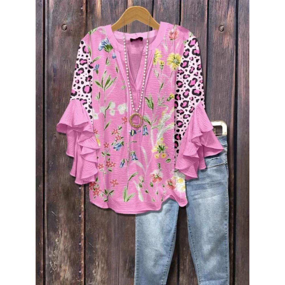 Large Women's Bohemian V-neck Shirt with Ruffle Sleeves, Grey Brown Floral Print Top, Casual Breathable Machine Washable Pullover