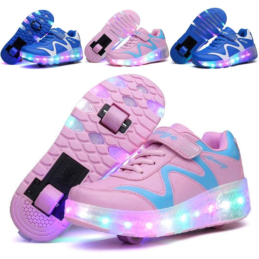 Vibrant Kids Double Wheels Light Up Roller Skates Shoes In Sporty Sneaker Style