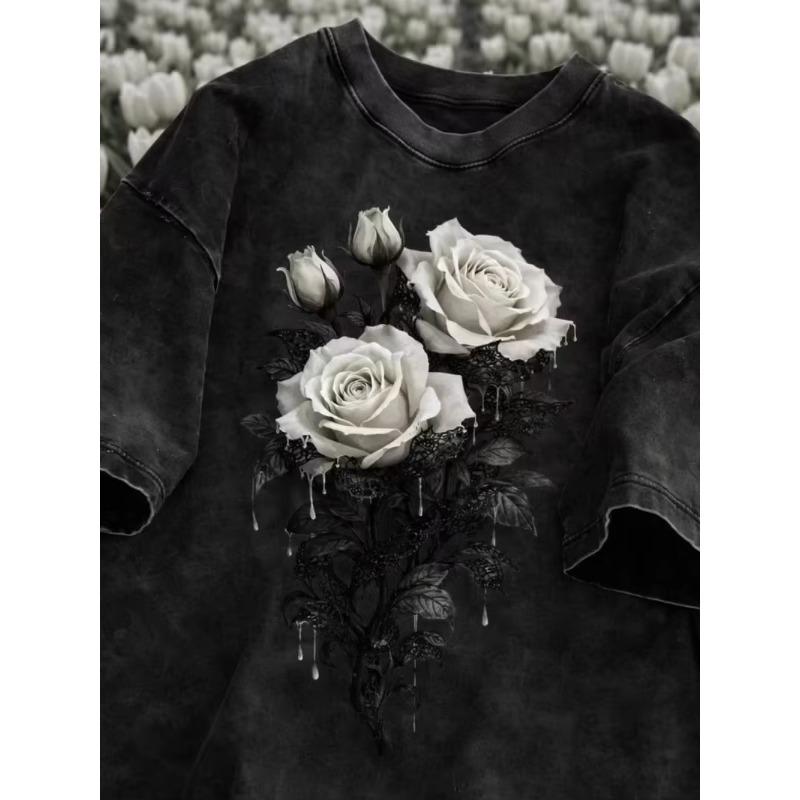 Dark Black Rose Graphic Print T Shirt Washed Vintage Casual Loose Streetwear Daily Wear Short Sleeve Goth Top