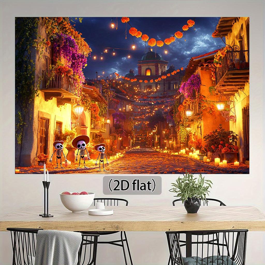 One 2D Flat Day of the Dead Themed Background Cloth with Skull, Festival, and Traditional House Decorations for Party Decoration
