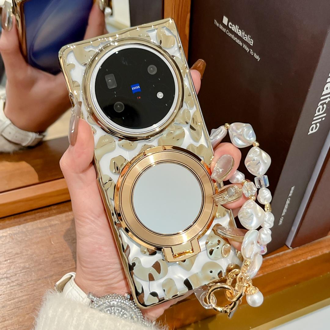 

For OPPO Find N5 Case Waves Gold Plated Leopard Mirror Holder Design Mobile Phone Cover With Bracelet OPPO Find N5