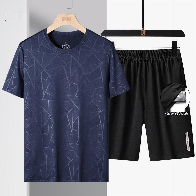 

Мужской летний комплект из ледяного шелка 2024: Футболка с коротким рукавом, в стиле папы, тройка для среднего и пожилого возраста M