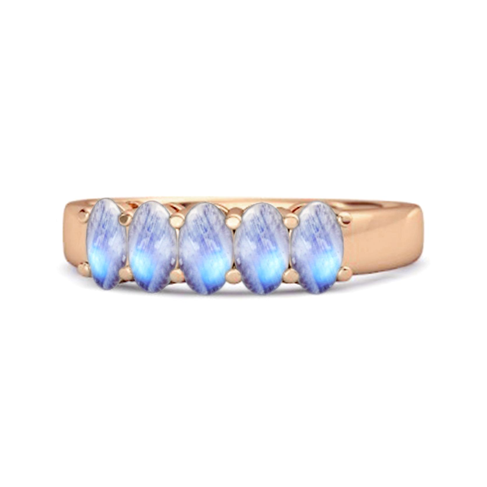 

Moonstone Oval Five-Stone Ring - 925 Sterling Silver Rose Gold Vermeil 6.5