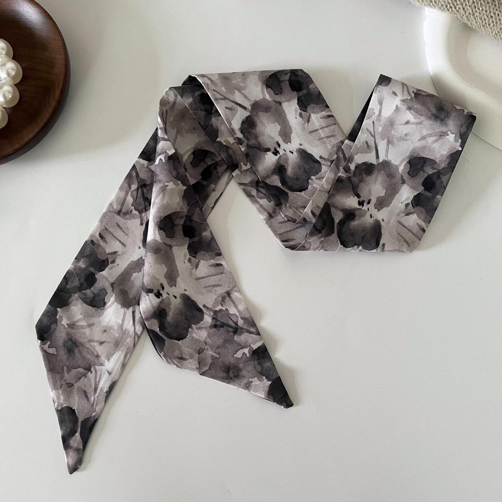 Foulard in Seta Floreale Francese: Fascia Lunga e Sottile Retrò, Elastico Elegante a Nastro per Capelli, Copricapo Decorativo.