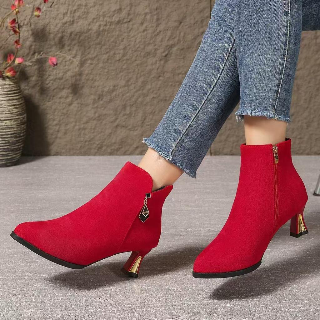 Frosted short boots women's boots new autumn and winter fine heel suede flip leather shoes high heels medium heel Martin boots