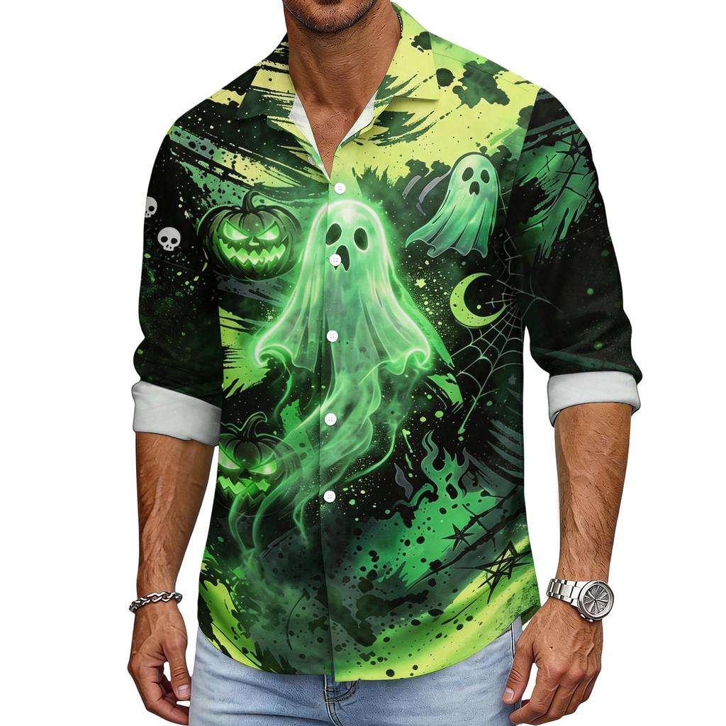Men's Halloween Long Sleeve Button Down Shirt with Collar Casual for Holiday Parties