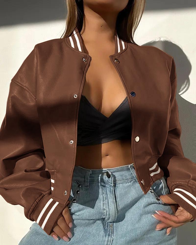 Europäische & Amerikanische Damen Herbst/Winter 2024 PU Leder Motorradjacke mit langen Ärmeln.