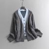 Contrasting Color Splicing Fake Two-piece V-neck Knitted Cardigan Retro Lazy Loose Sweater Jacket Design Sense Long-sleeved Top