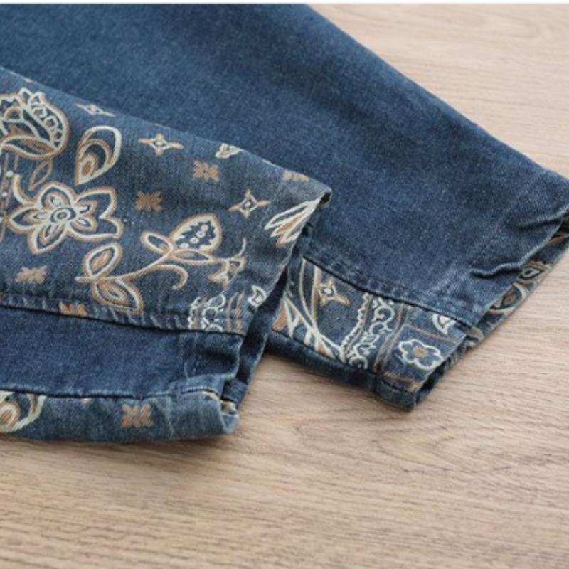 Ensemble Denim Grande Taille à Col Montant, Splicing Style Ethnique Femme, Ensemble Jean Deux Pièces Boucle Ample et Tendance