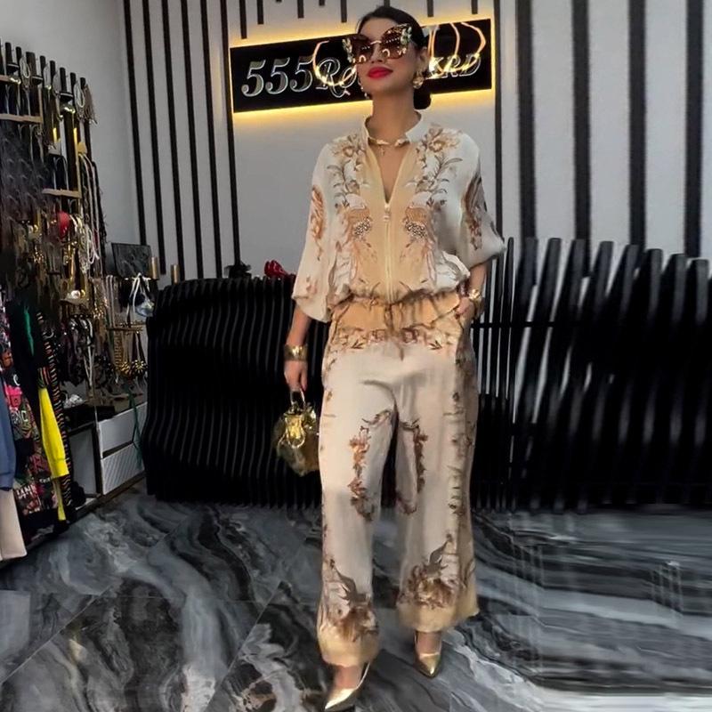 2025 Summer European & American 3D Floral Baseball Jacket with Drawstring Pants Two-Piece Set
