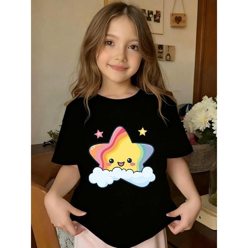 European sizes A Vibrant Crew Neck T-Shirt Featuring a Star And Cloud Design, Perfect for Wearing in Spring and Summer