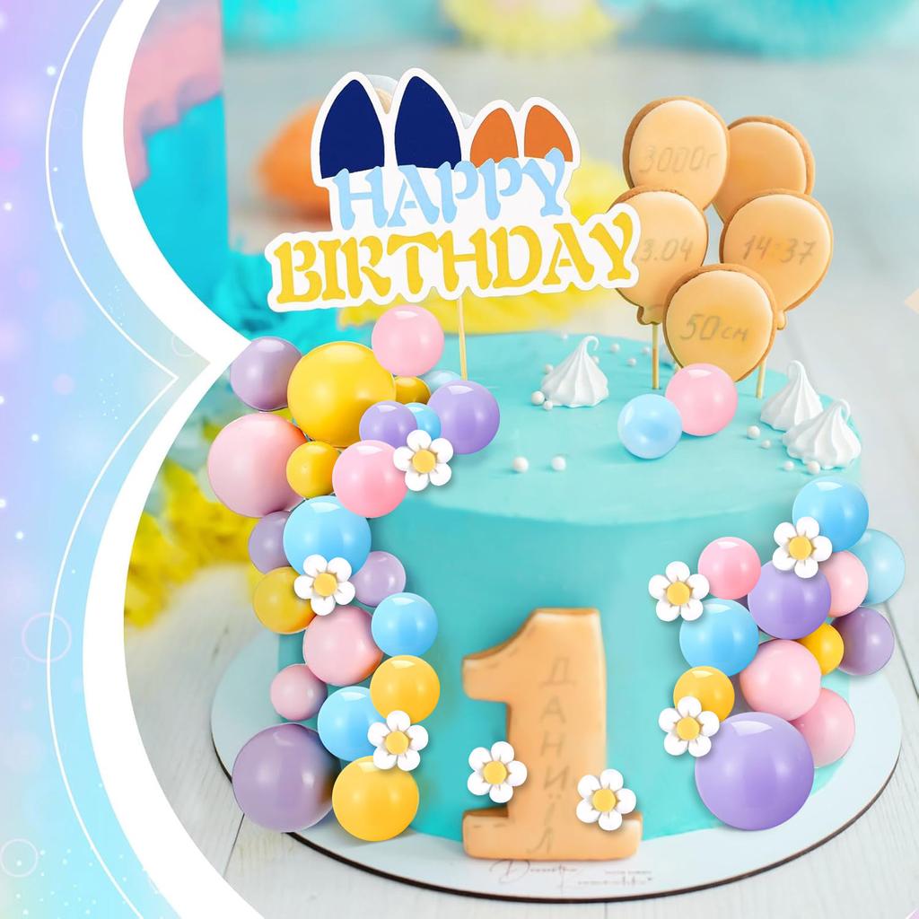 63Pcs Blue Dog Cake Toppers with Balls and Flowers for Birthday Decoration Groovy Pastel Cupcake Inserts Hippie Wedding Party