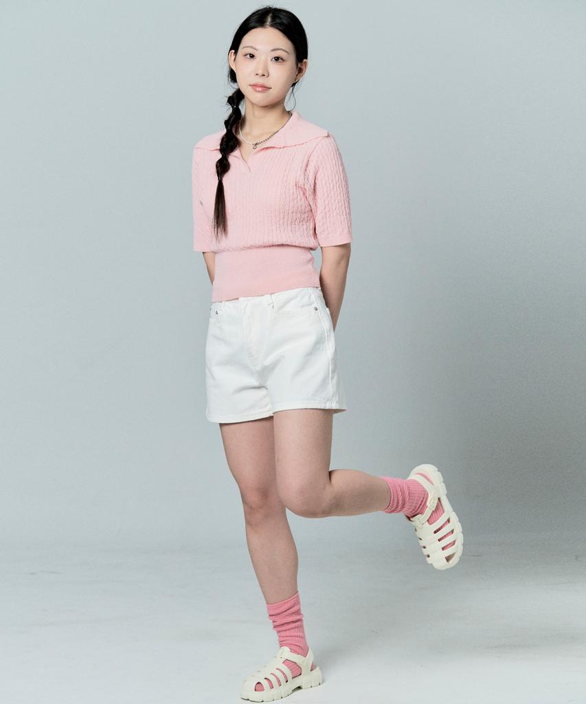 Tobaseu Boucle Cotton Cable Collar Short Sleeve Knit (Pink)