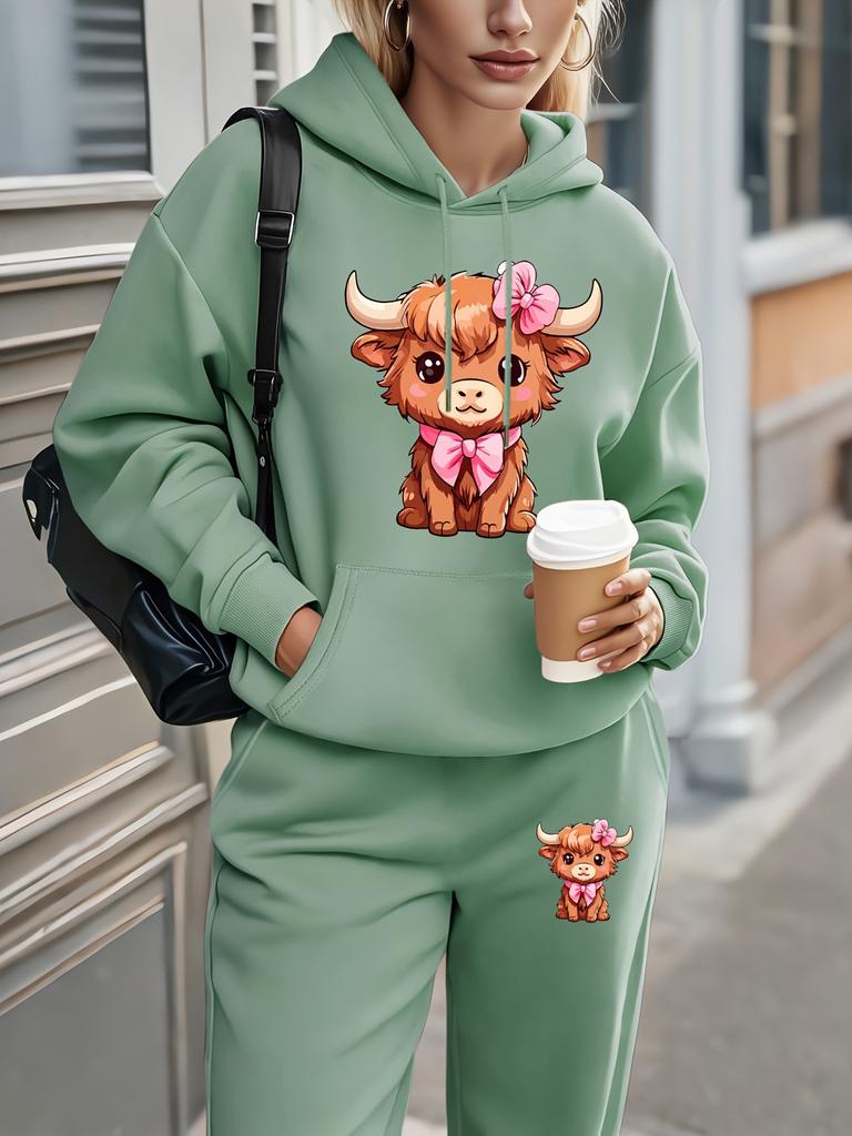 Europe And The United States New Fashion Leisure Sports Hooded Flower Print Sweater Set