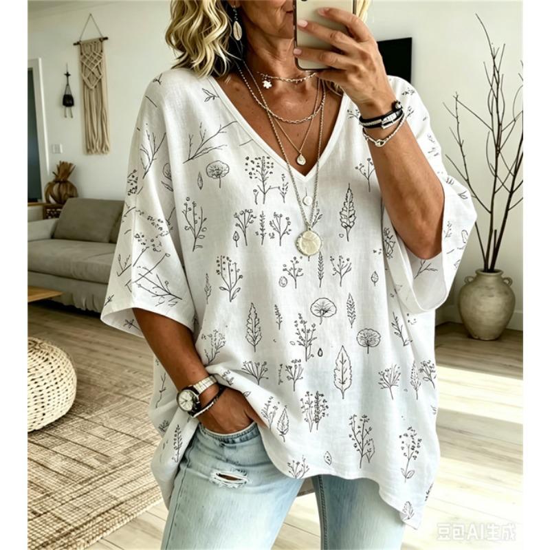 Damska koszulka z nadrukiem, w dużym rozmiarze, z dekoltem w serek, rękawami nietoperzowymi. Styl boho, etniczny nadruk, luźny top, letni, wygodny, oddychający, do codziennego użytku, na dojazdy do pracy, casualowy