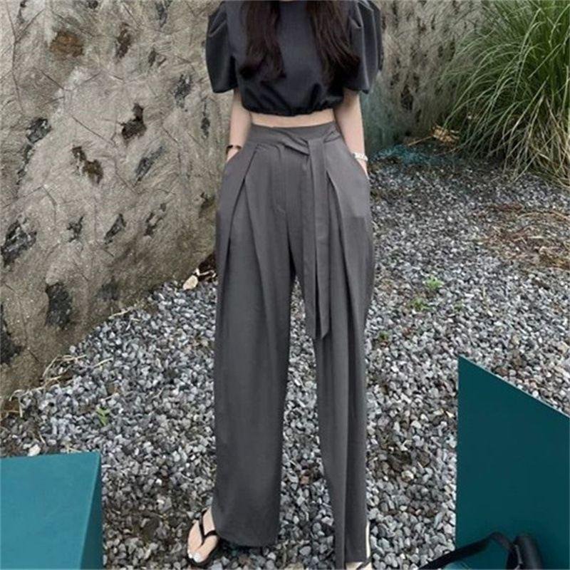 Korean Chic Asymmetrical High-Waisted Pleated Wide-Leg Trousers for Women