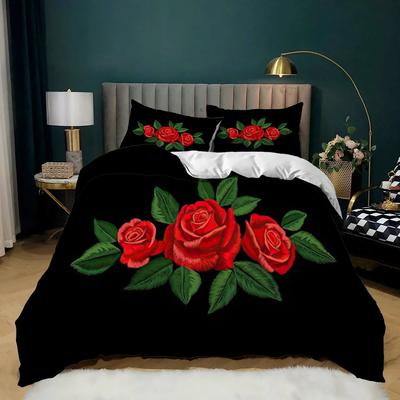 Red Rose Duvet Cover Set Soft Luxury 3D Rose Flower Twin Bedding Set 2/3Pcs Romantic Polyester Quilt Cover With Zipper Closure