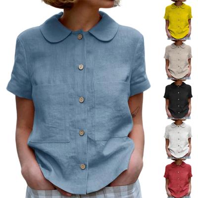 Women's Fashionable Solid Color O Neck Button Short Sleeved Top