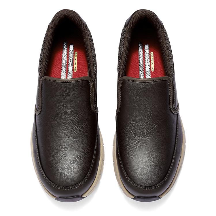 Skechers Entspannte Passform Arbeits-Slip-On Business Weiche Sohle Pendler Synthetikleder Sportlicher Komfort Niedrig geschnitten Freizeit-Schuhe Herren Sneaker Schokolade 77157-CHOC