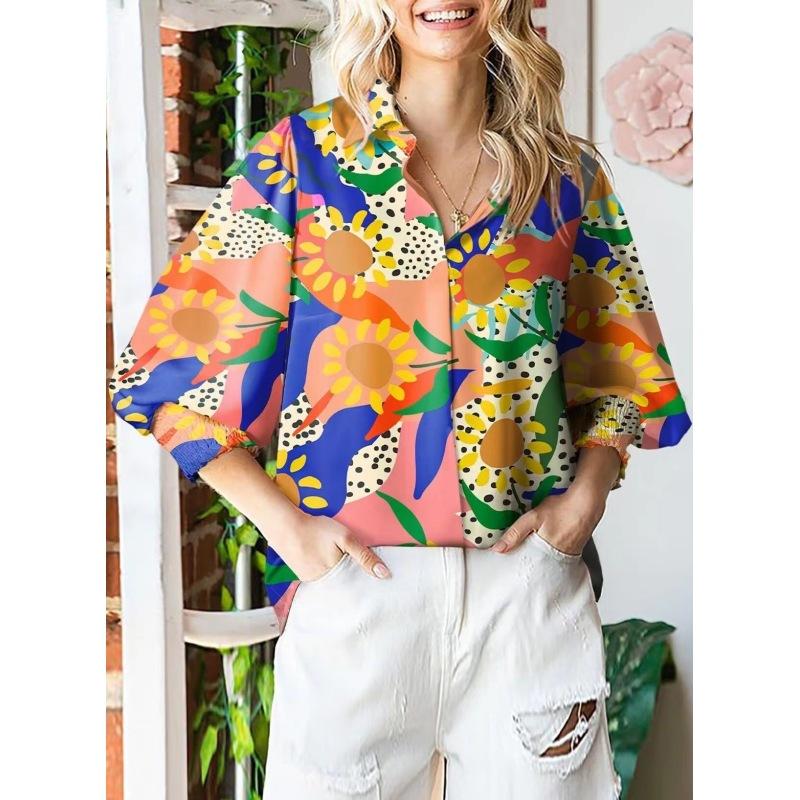 Tooxika New Women's Long-sleeved Printed Tops Lapel Lantern Sleeve Shirts For Women