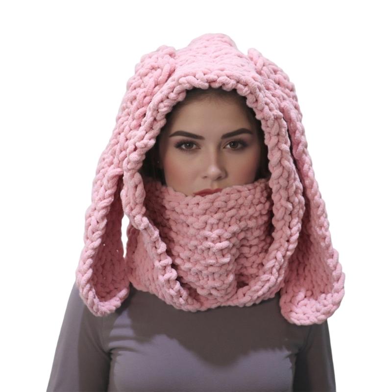 

Plush Knitted Scarf Hat For Women Windproof Face Cover Earmuffs Balaclava with Rabbit Ears For Winter Activity Warmth розовый