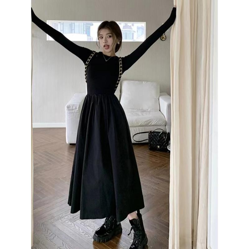 Black temperament long dress New high-end long-sleeved knitted dress Children's autumn