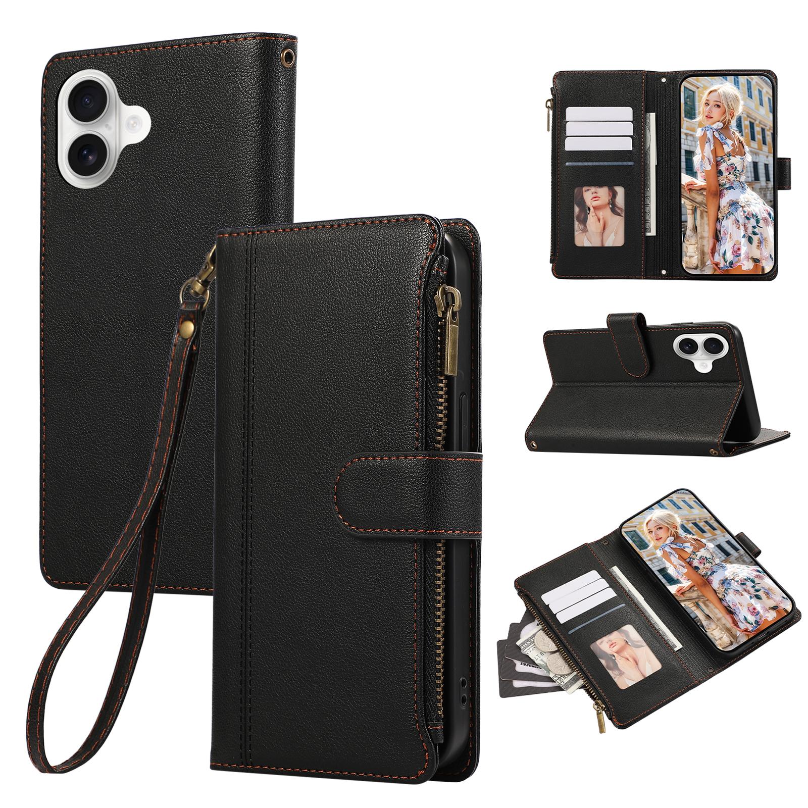 

For iPhone 17 Case Multi Card Slots Zipper Leather Phone Cover with Wrist Strap Black
