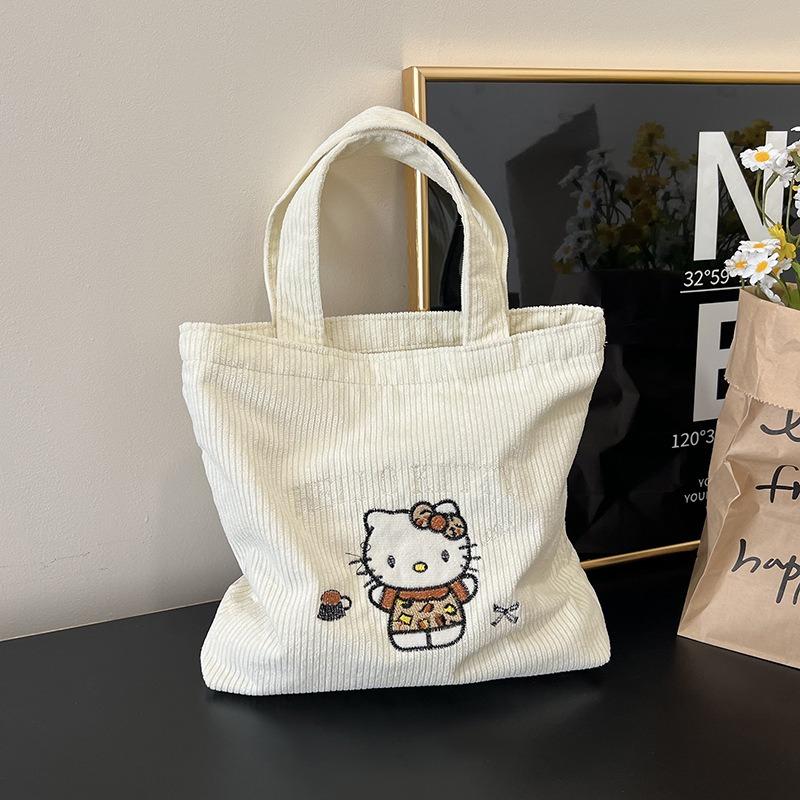 Embroidery Kitty handbag hand carry work cute large capacity versatile corduroy small bag Kitty cat