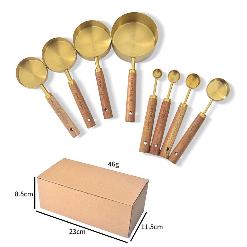 Stainless Steel Gold-Plated Measuring Spoons & Cups with Acacia Wood Handles, Precise Markings, 8-Piece Baking Tool Set.