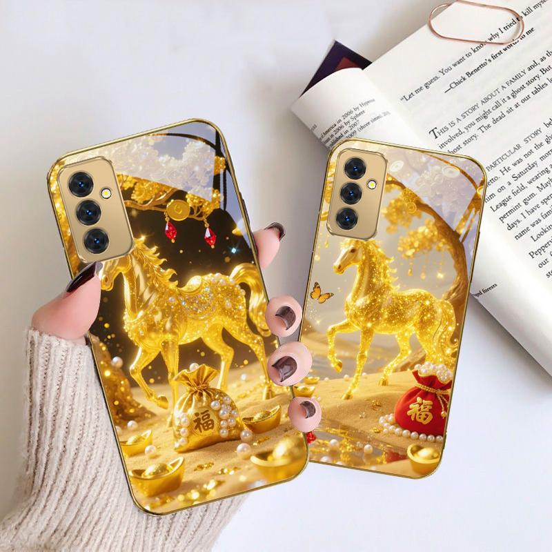 The Golden Lucky Horse For Samsung Galaxy S 21 S22 S23 Plus S24 Ultra S20 FE 25Ultra S21+ S9+ 22Plus Golden glass phone case