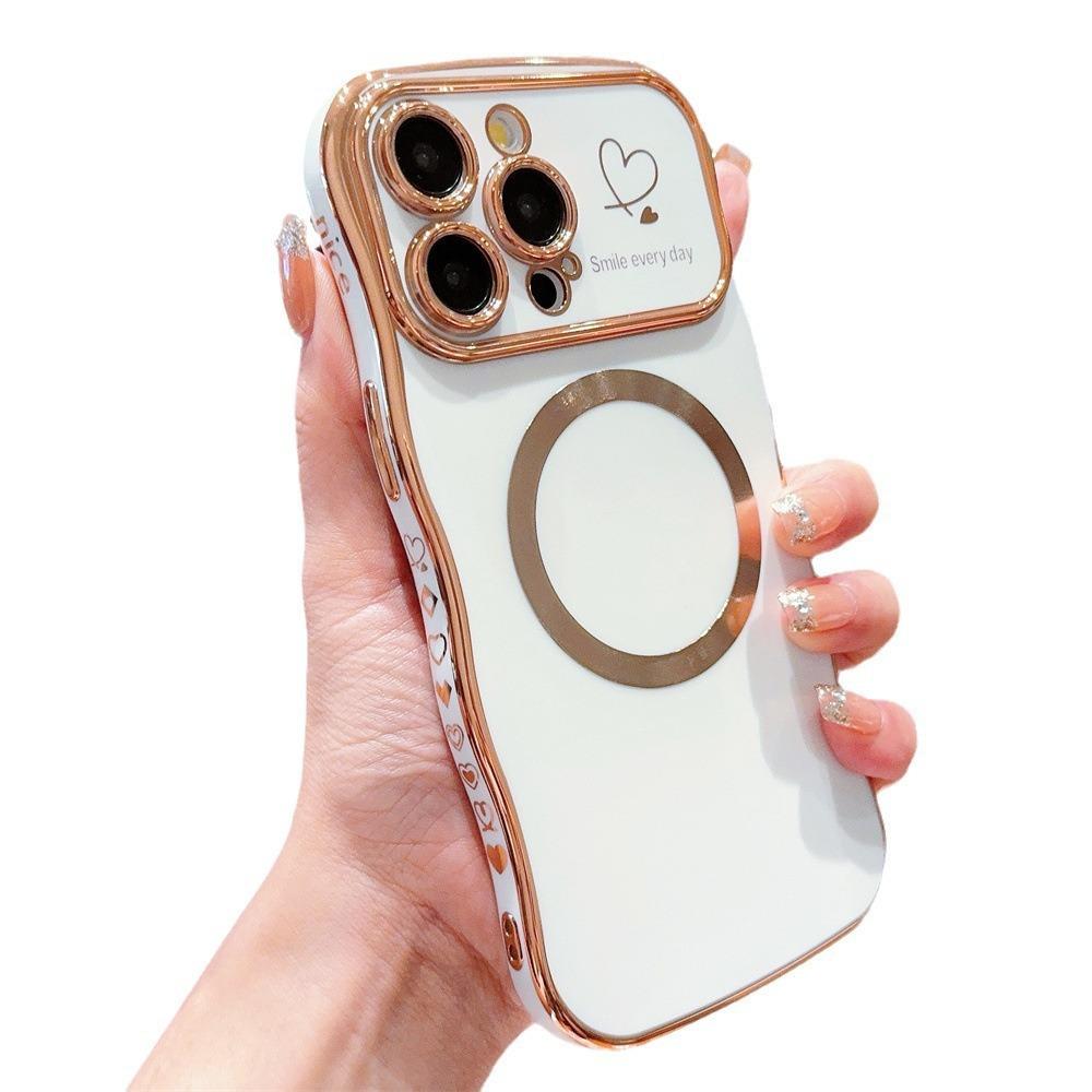Electroplated side heart-shaped large window, iPhone 17 phone case, magnetic wave pattern, iPhone 16 Pro Max soft case 15