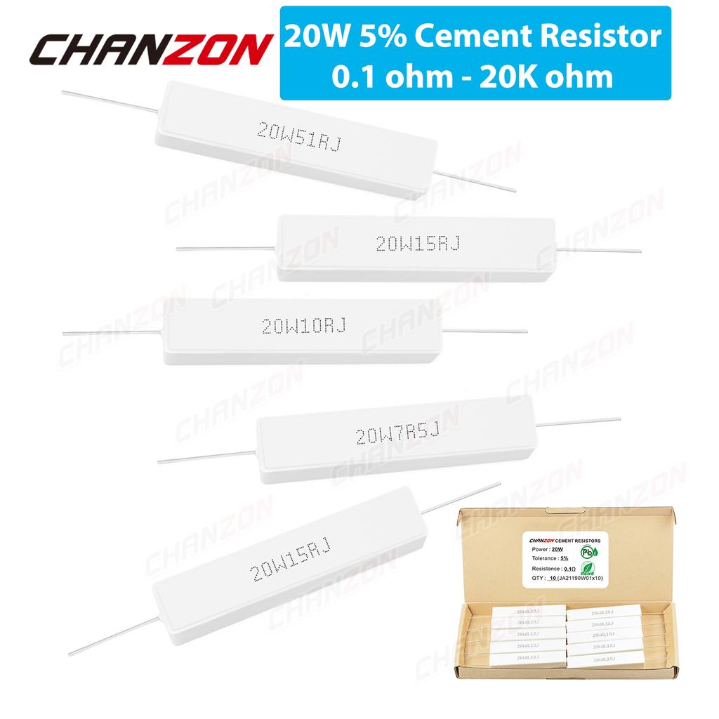 10Pcs 20W 5% Cement Wirewound Resistors 0.1 - 20K Ohm 20Watt Inductive Fixed Wire Wound Ceramic Resistance 0.33 1 2.5 10 15 2R2