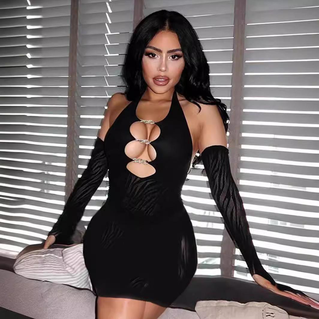 

Spice Girl 225 Summer Solid Color Neck Mesh Slim Back Short Dress One size fits all (opp+white card) чорний