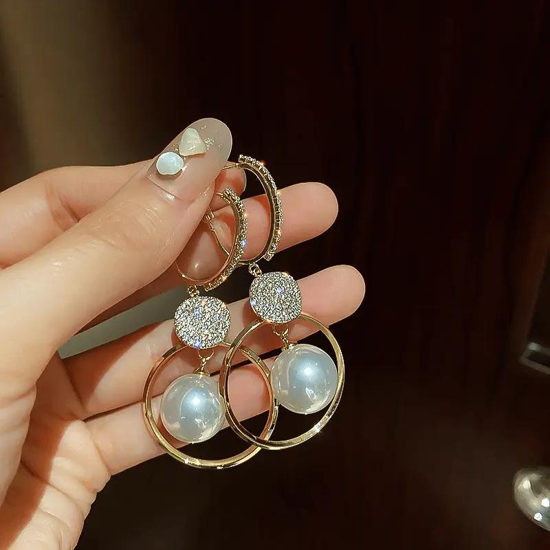 Pearl Circle Trendy Korean French Style Versatile Long Earrings for Women