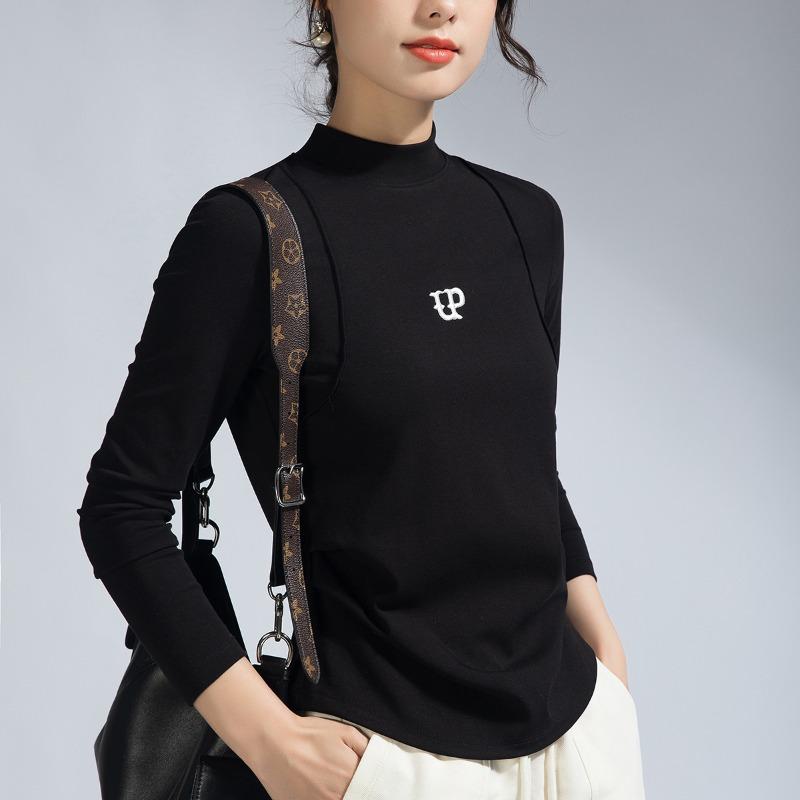 Letter Embroidery Semi-turtleneck Long-sleeved T-shirt Women's Summer New Fishbone Curved Hem Design Waist Top