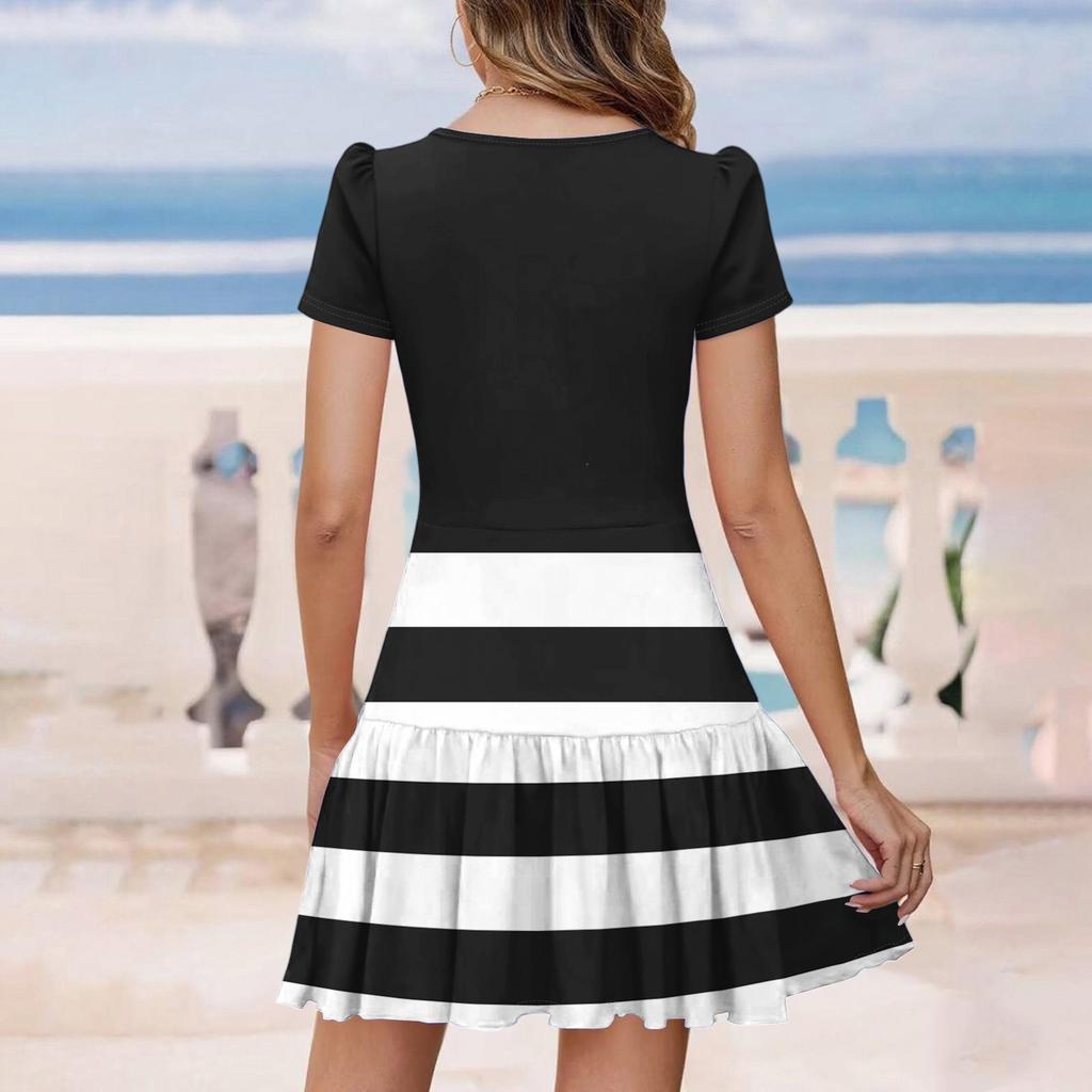 Women's Casual Fashion V-Neck Short Sleeve Patchwork Stripe Print Dresses
