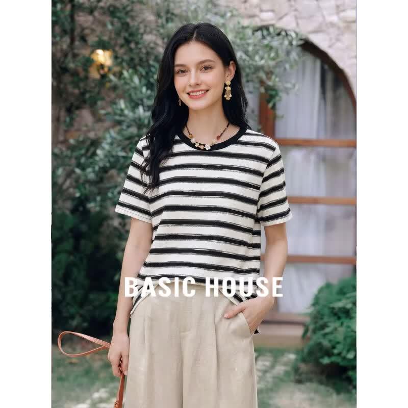 Basic House Women s Striped Round Neck T-Shirt L