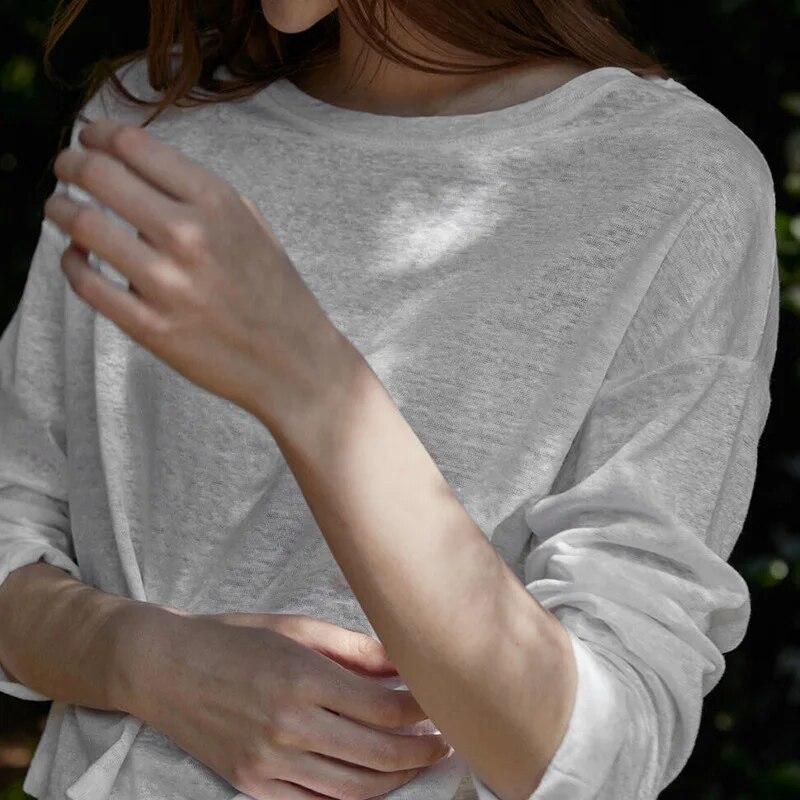 Johnature Spring Summer Long Sleeve T-Shirt Women Slouchy Cropped Underneath Simple Crewneck Thin Casual Tops