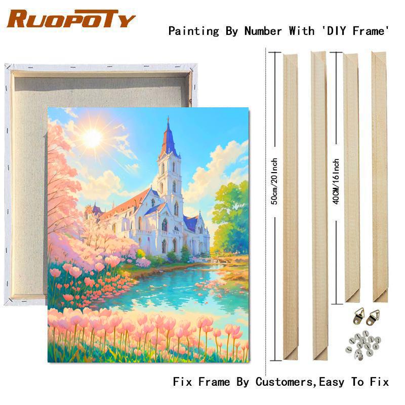 RUOPOTY Moderní DIY Malování podle čísel s rámem Hrad a květiny Ručně malované Akrylové barvy podle čísel pro domácí dekorace