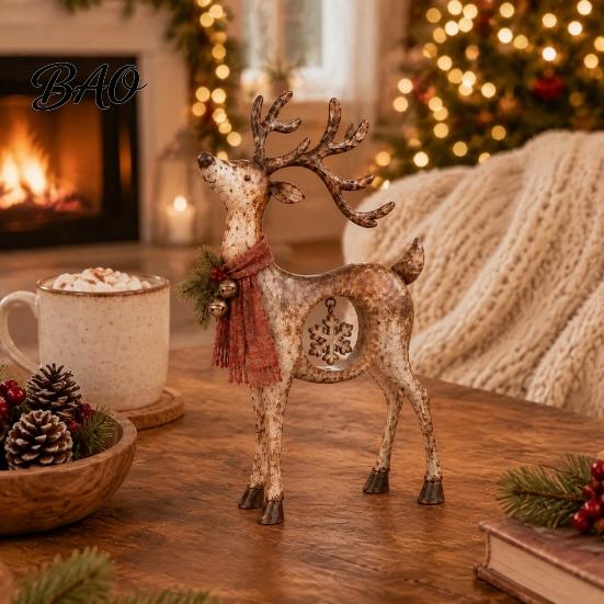 Retro Style Xmas Mantel Accents Rustic Christmas Reindeer Figurine, Resin Statue with Hanging Snowflake, Red Handcrafted Ornaments Scarf And