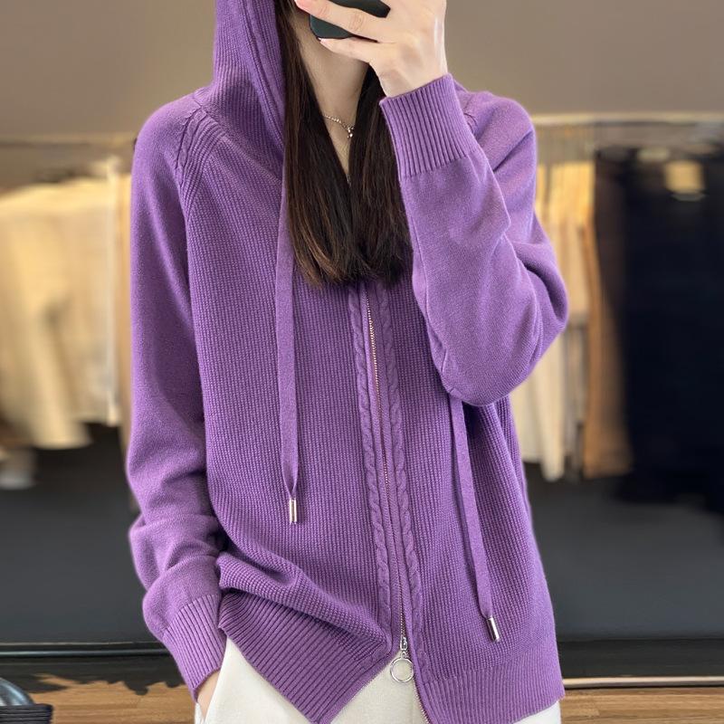 Damen-Strickjacke mit Kapuze, Reißverschluss, einfarbiger Pullover, lässiger Hoodie, Herbst und Winter, warme Strickjacke im Harajuku-Stil