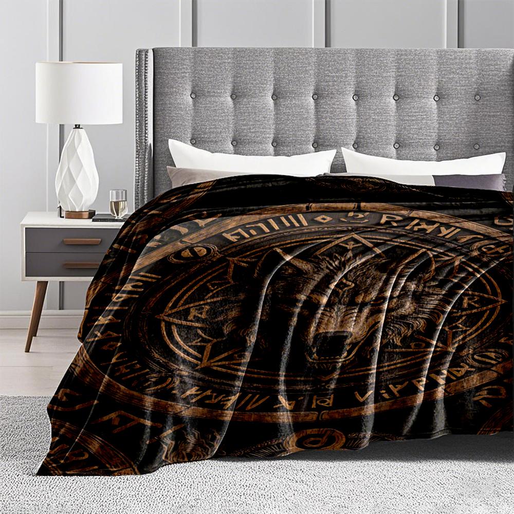 Wolf Design blanket with Rune Symbols and Mystic Pattern Style blanket, suitable for use in the bedroom, living room, on the sofa