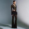2024 European & American Lace Patchwork Deep V Top & Sheer Flared Pants Women's Set