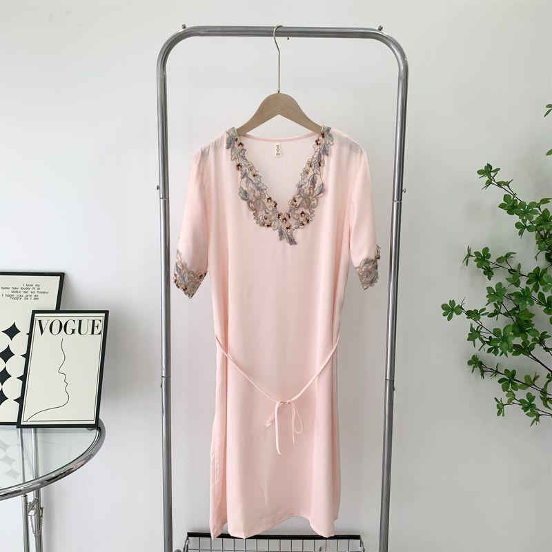 Pajamas Women's Summer 2024 New Sexy Embroidered Nightdress Thin Silk Short Sleeve Summer Home Wear