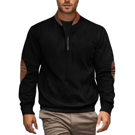 Men Sweatshirt Half Zipper Plaid Stand Collar Elbow Decoration Pullover Tops Long Sleeve Jacket Work Date Wear