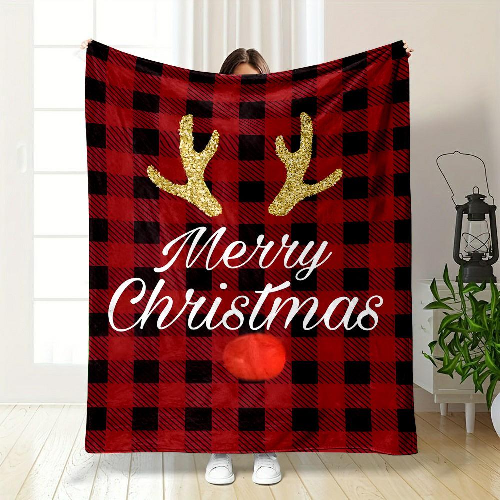 1pc Cozy Reversible Flannel Fleece Throw Blanket - Contemporary Style, Cartoon Reindeer Print, All-Season, Digital Print 75X95CM