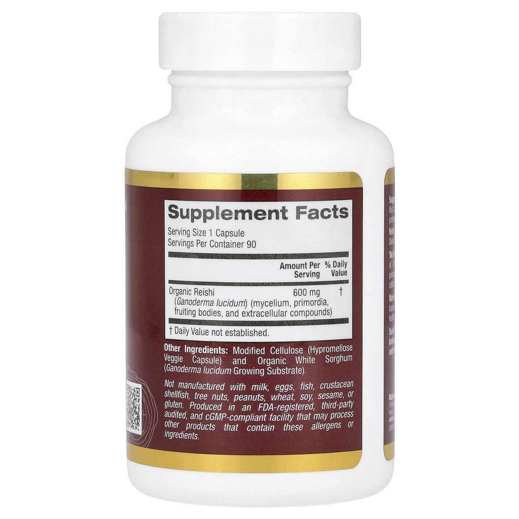 Reishi Mushroom (Ganoderma Lucidum), Full Spectrum, Certified Organic, 90 Veggie Capsules (600Mg per Veggie Capsule)