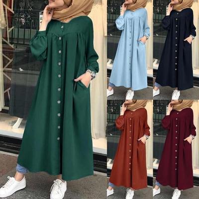 Müslüman Kaftan Dubai Günlük Elbise Kadın Uzun Kollu Cepli Rob Düz Renk Müslümanlar Kıyafetleri