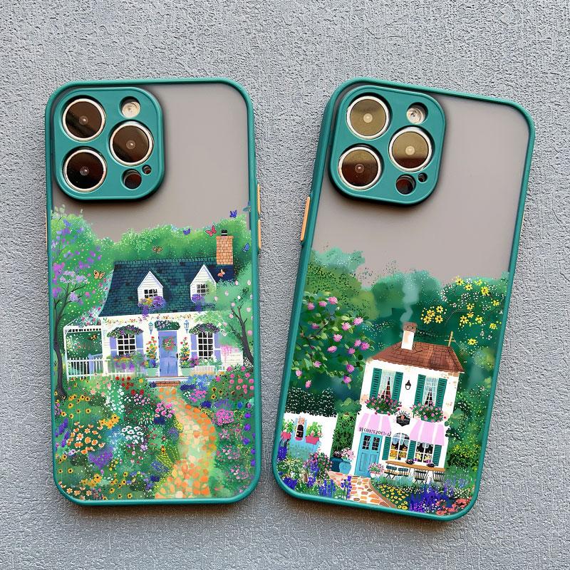 Fashion Garden Style Coffee Shop Phone Case For iPhone 11 12 Mini Pro Max 13 14 15 16 Pro Max X XS XR 7 8 Plus Shockproof Covers