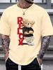 Men's Summer 100% Polyester Fashionable Casual Loose Large Size Letter Bear Printed Sports Round Neck Short Sleeve T-shirt Top